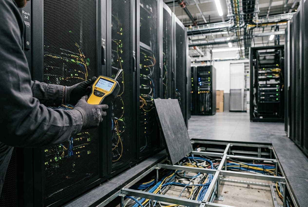 Técnico midiendo partículas con un contador portátil junto a un rack, con una baldosa del piso técnico retirada