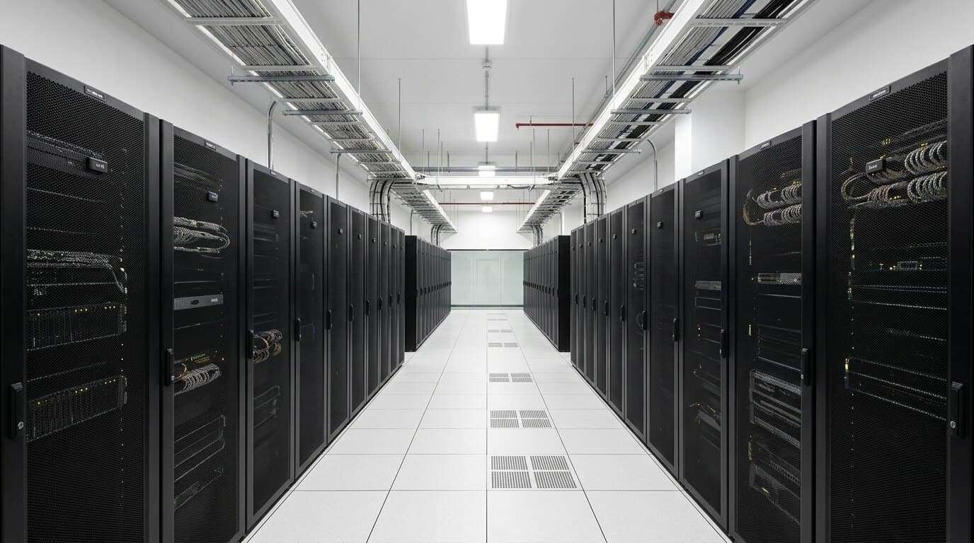 Pasillo de una sala de datos con racks a ambos lados y piso técnico
