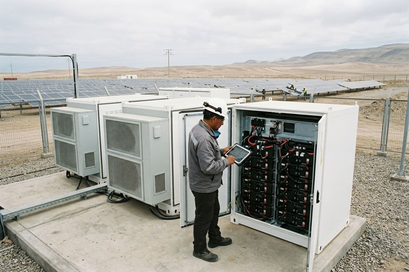 Gabinetes de almacenamiento de energía en baterías instalados junto a una planta solar industrial