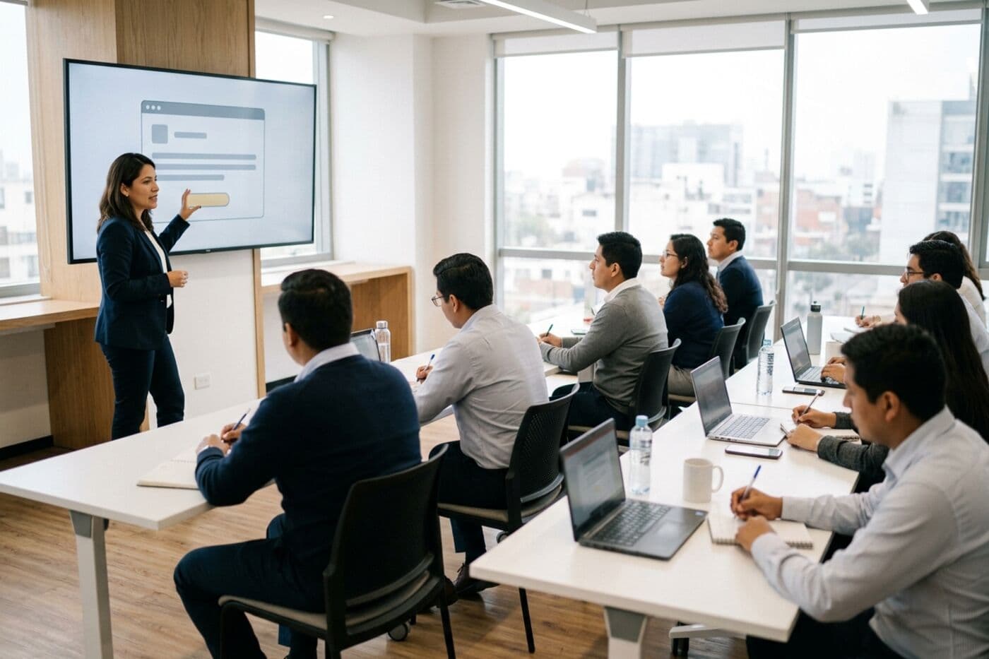Capacitación corporativa: un expositor frente a la pantalla y colaboradores tomando notas