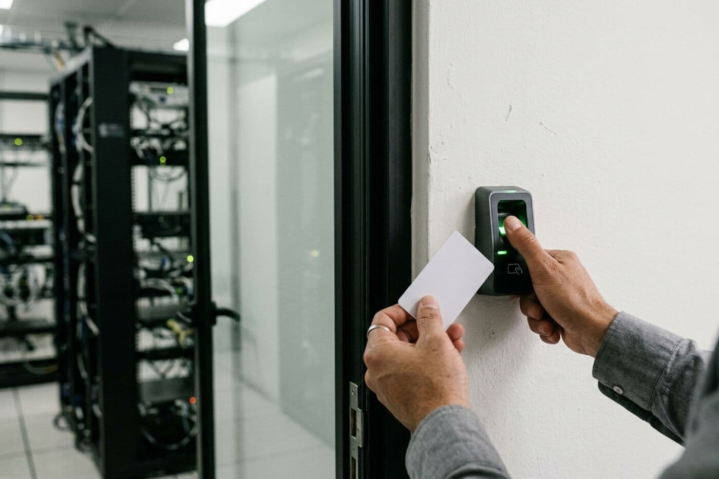 Persona validando su ingreso en un lector biométrico en la puerta de vidrio de la sala de servidores