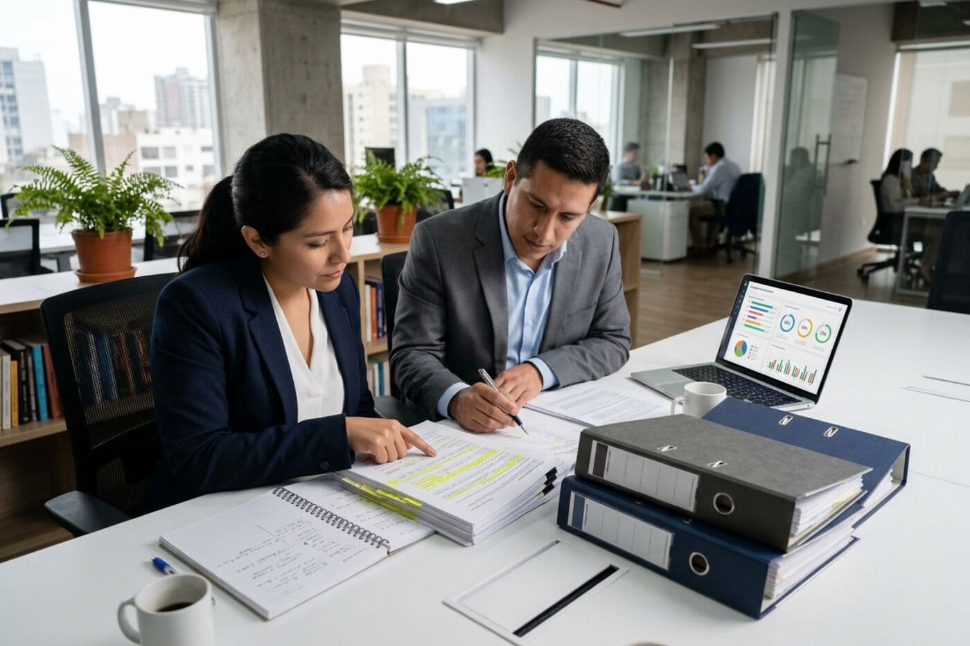 Dos profesionales revisando documentos de auditoría y un tablero de cumplimiento en una laptop