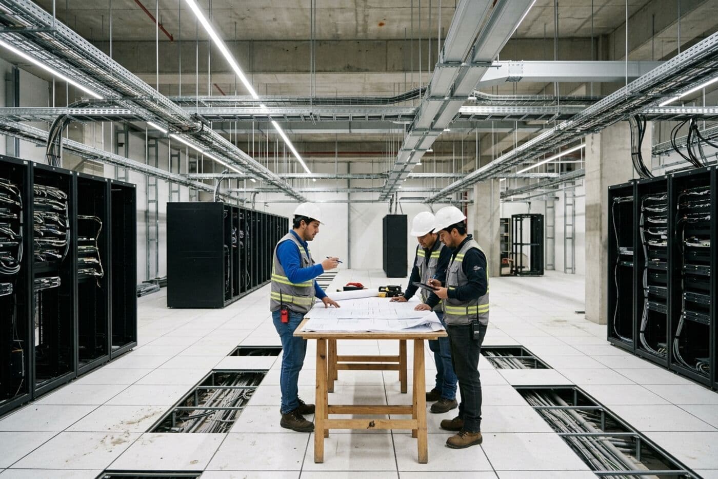 Sala de datos corporativa en etapa final de obra, con racks, bandejas portacables e ingenieros revisando planos