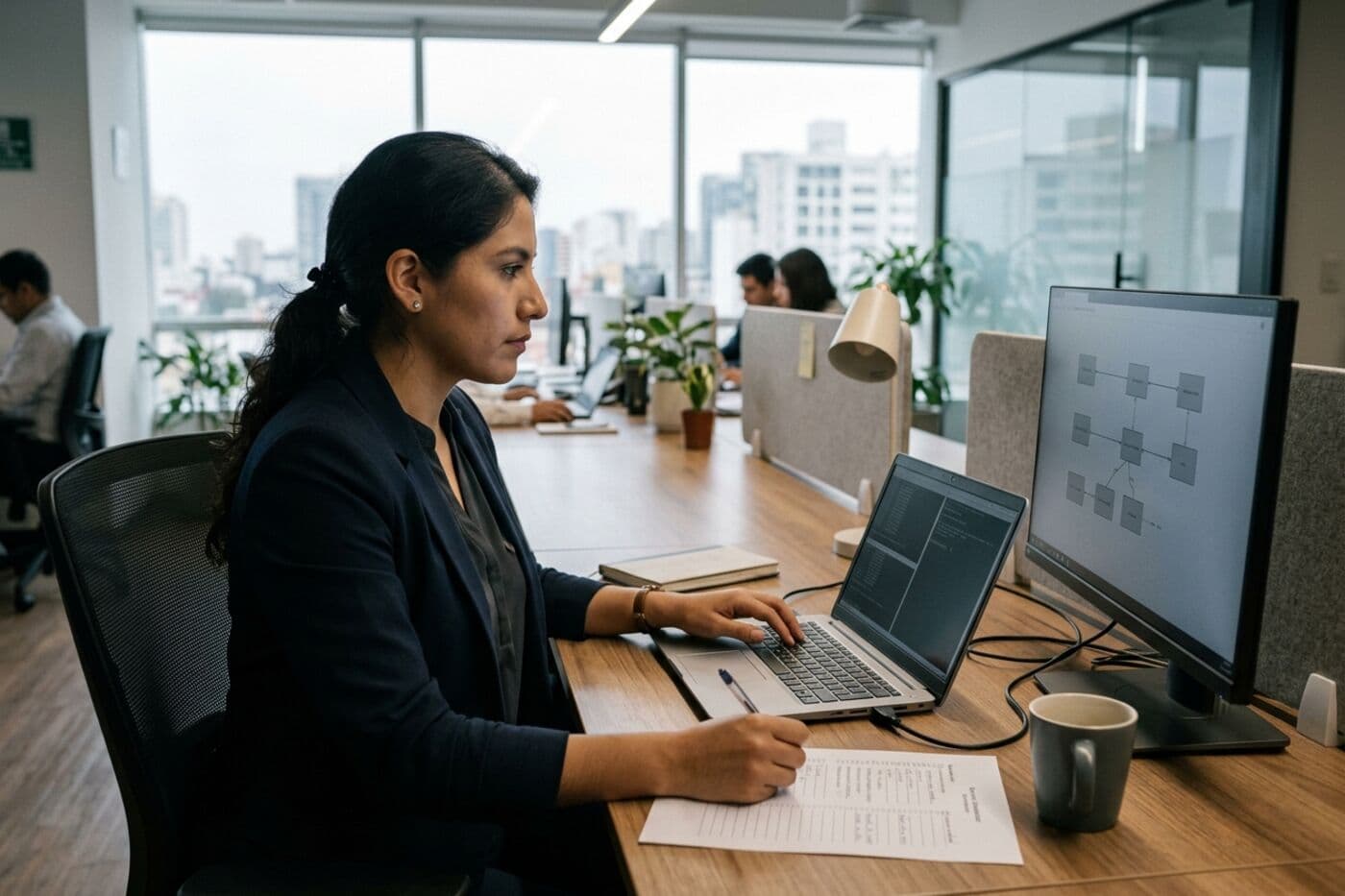 Consultor de seguridad trabajando con una laptop y un monitor con ventanas de terminal y un diagrama de red