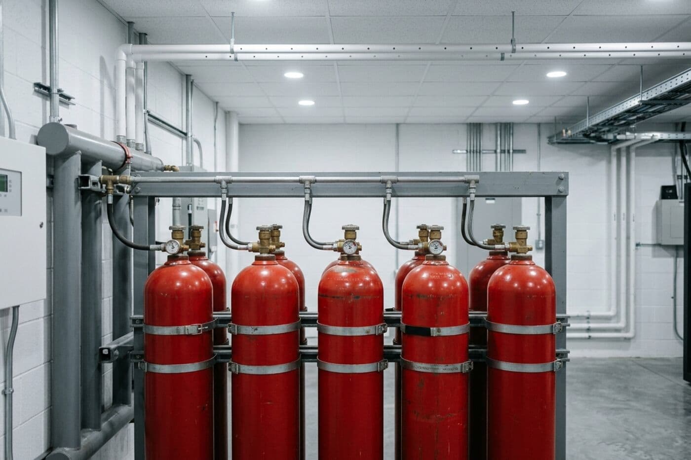 Cilindros de agente limpio para supresión de incendios y tuberías de detección de humo en una sala técnica