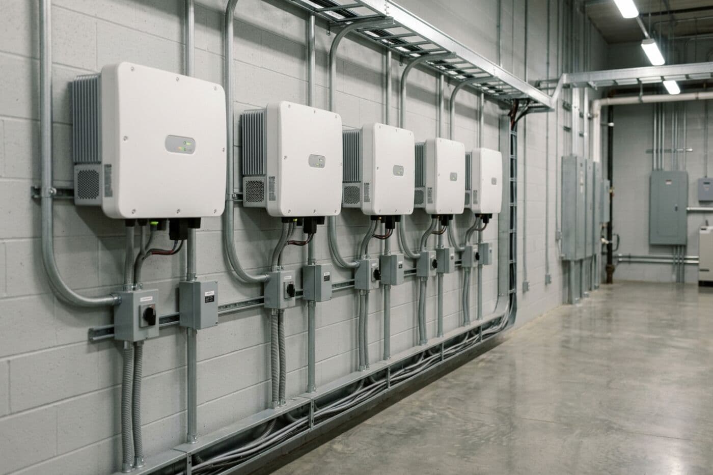 Inversores fotovoltaicos de string montados en pared con sus tableros de desconexión en una sala eléctrica industrial