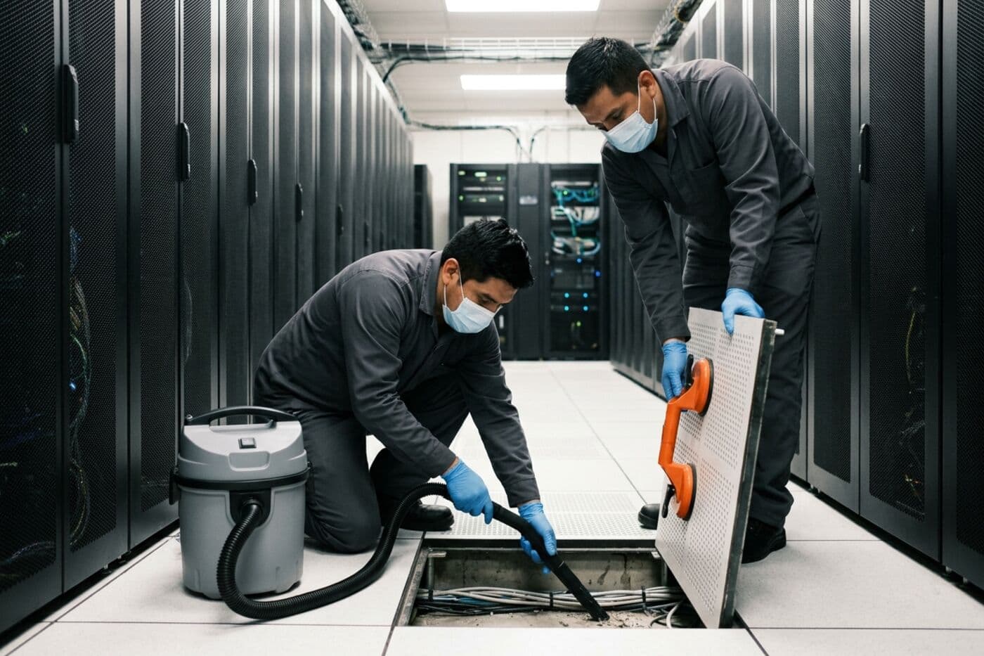 Técnicos con guantes aspirando el plenum bajo una baldosa levantada del piso técnico de una sala de servidores