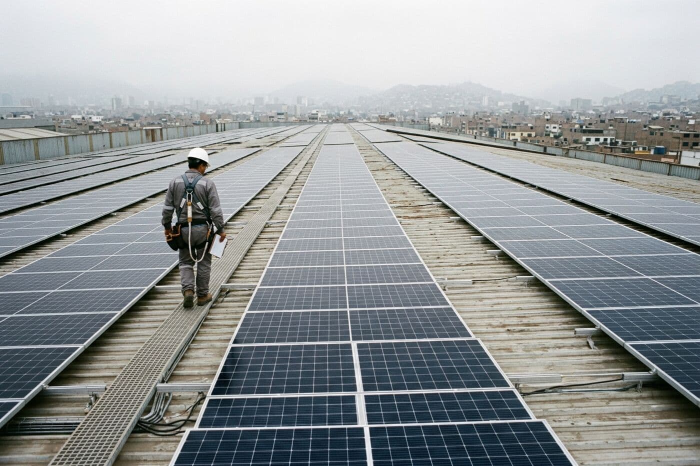 Planta fotovoltaica sobre el techo de una nave industrial en Lima, con un técnico inspeccionando una fila de paneles