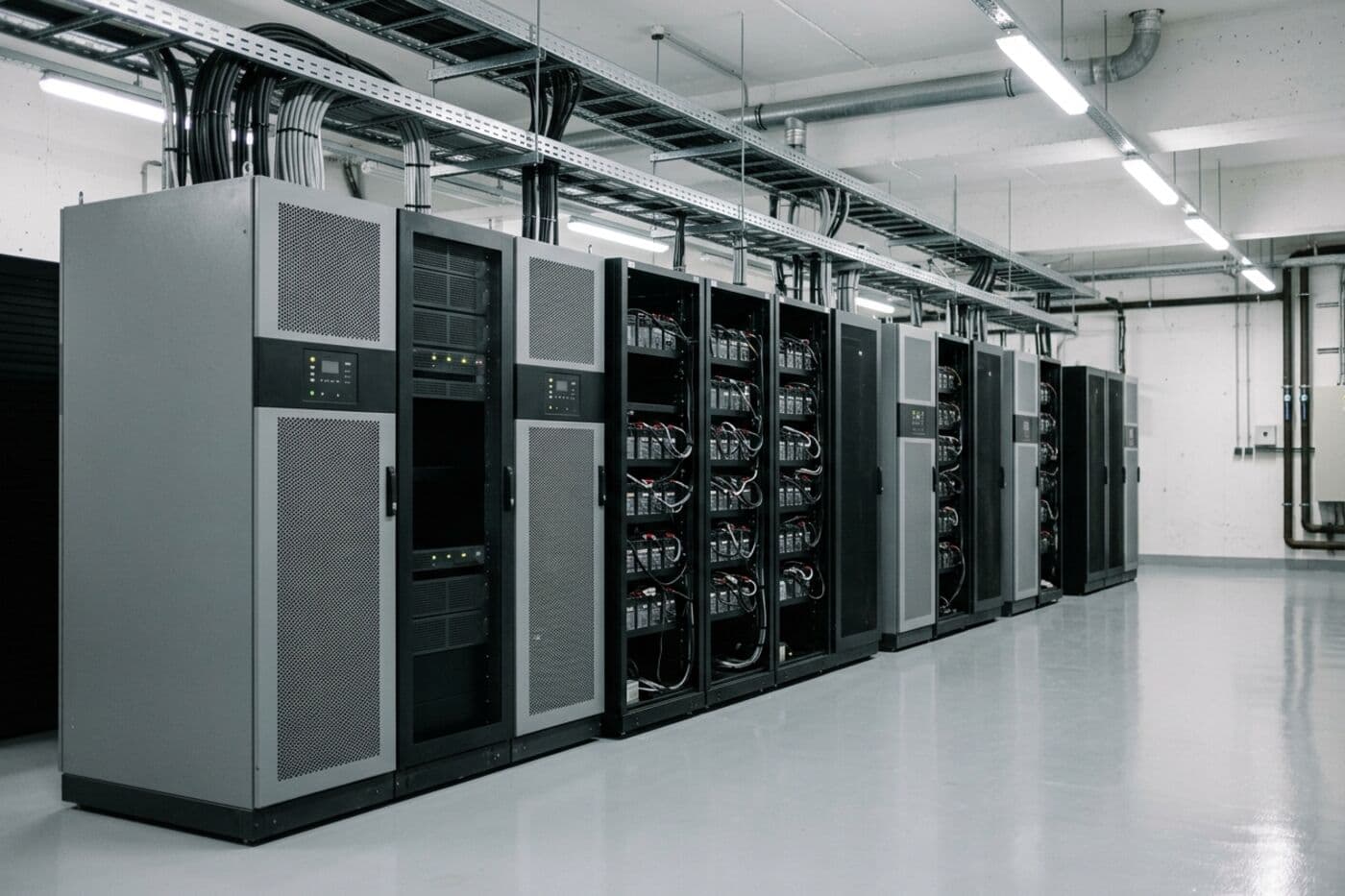 Fila de gabinetes UPS y bancos de baterías en la sala eléctrica de un data center