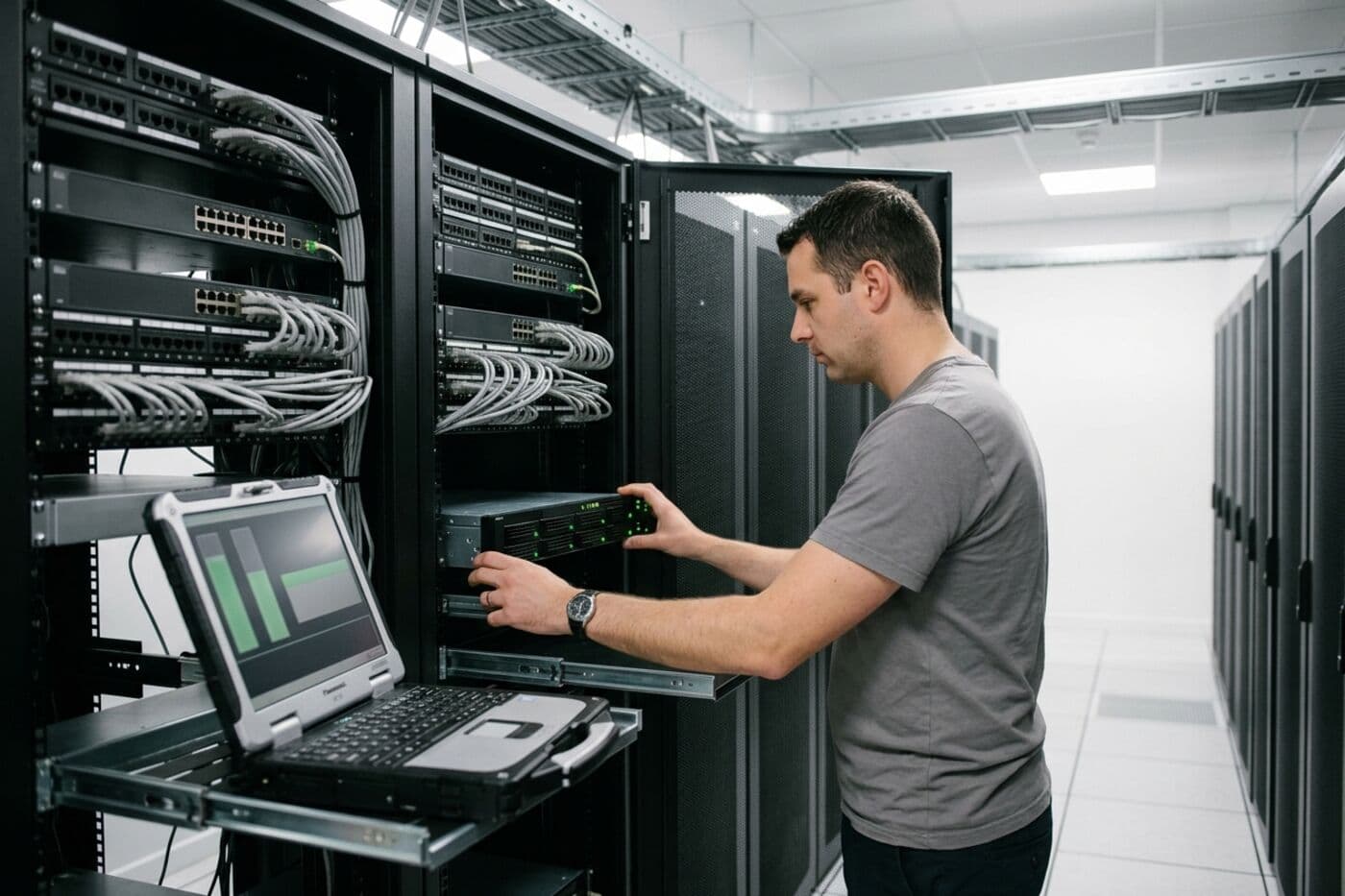 Ingeniero revisando un equipo de respaldo en el rack con una laptop que muestra el avance de una restauración
