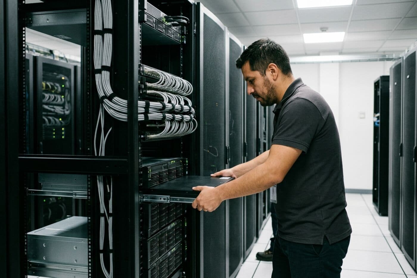 Técnico instalando un servidor de 2U en un rack con el cableado ordenado