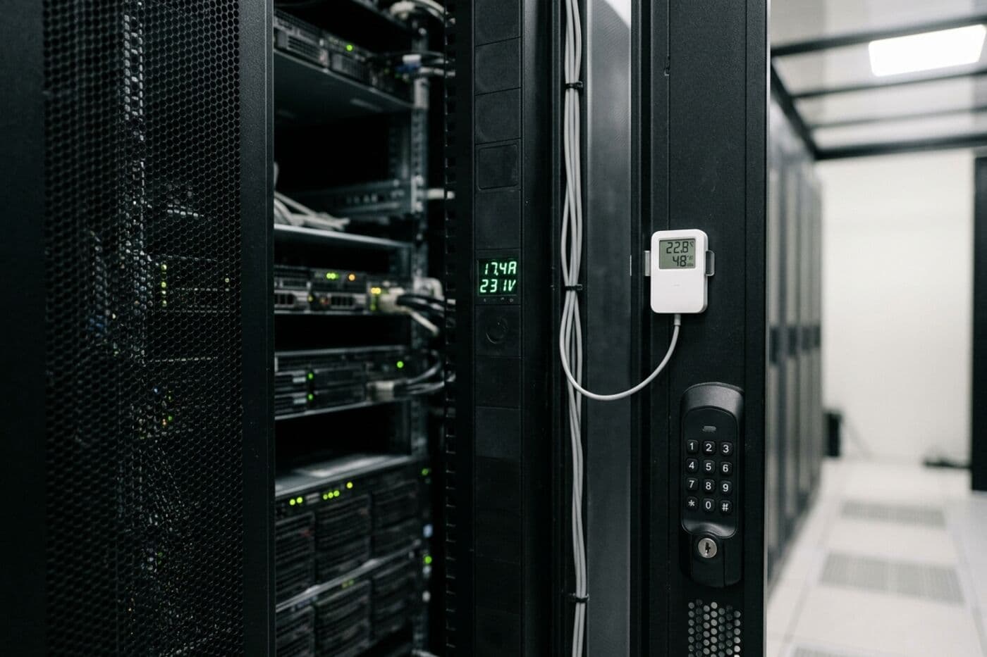 Rack con PDU inteligente, sensor de temperatura y humedad en la puerta y manija con cerradura electrónica