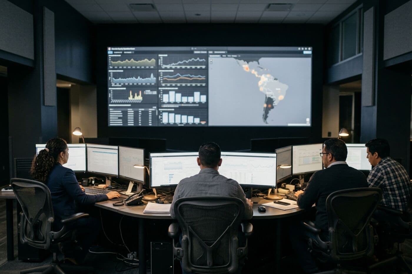 Centro de operaciones de seguridad con analistas frente a varios monitores y una pantalla mural de indicadores