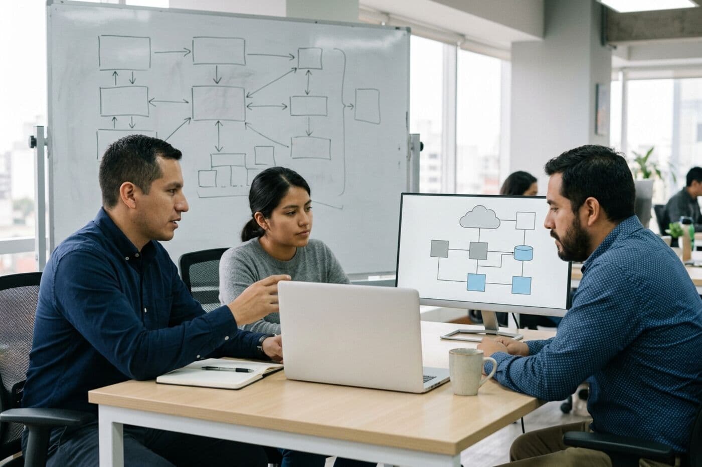 Equipo de TI revisando en una laptop y un monitor la arquitectura de una migración a la nube
