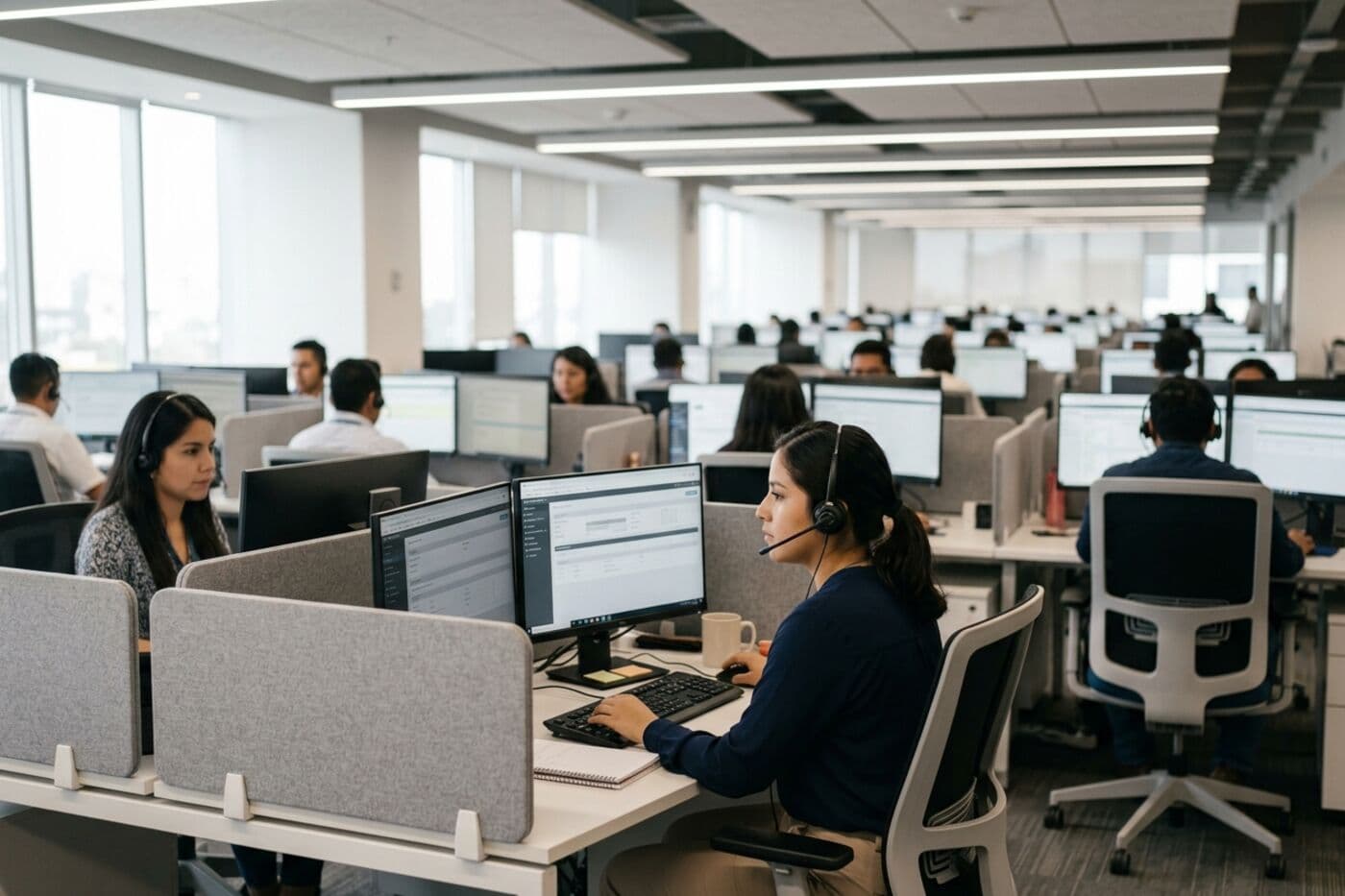 Agentes con auriculares atendiendo en un contact center, con monitores de CRM