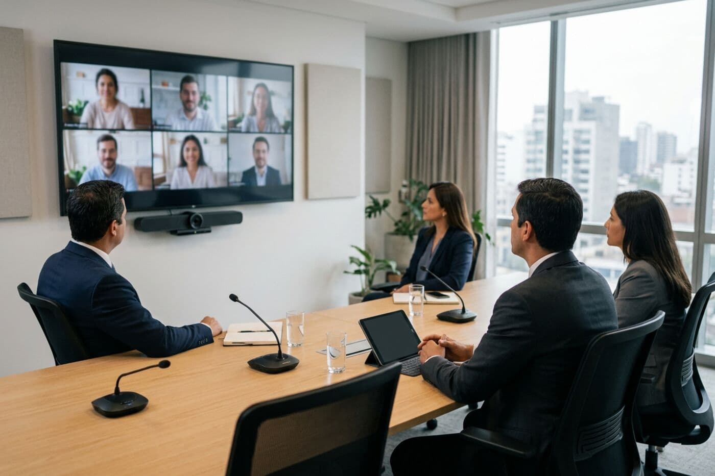 Sala ejecutiva con una pantalla grande en videollamada híbrida, barra de cámara y micrófonos de mesa