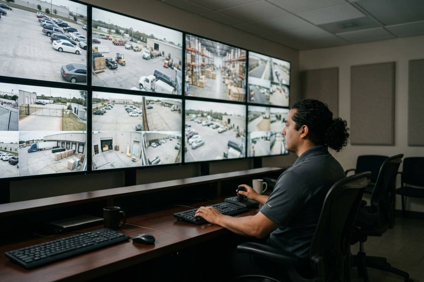 Sala de monitoreo con un muro de video de cámaras de estacionamiento, patio industrial y almacén